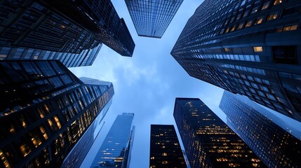 Canvas Print - Aerial view of towering urban skyscrapers reaching towards a dramatic evening sky : Generative AI