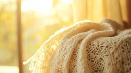 Poster - Soft and Cozy Knitted Blanket Draped Over a Chair with Warm Sunset Light : Generative AI