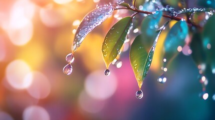 Poster - Colorful Close Up of Dew Drops on Leaves with a Soft Bokeh Background Enhancing Beauty : Generative AI