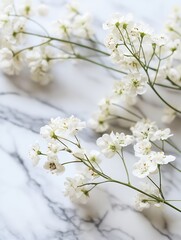 Leinwandbilder - Delicate White Flowers Arranged on Marble Surface for Elegant Aesthetic Photography : Generative AI