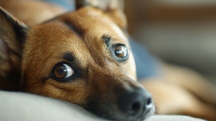 Poster - Adorable Close Up of a Relaxed Dog Lying on a Couch with Gentle Light : Generative AI