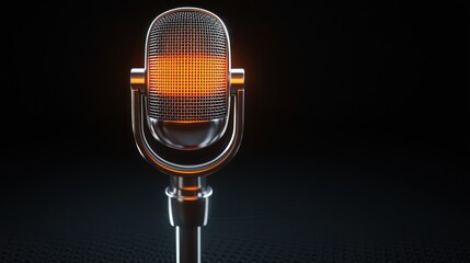 Wall Mural - Vintage microphone with glowing orange mesh, set against a dark background, ideal for music events