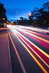 Poster - Dynamic light trails of cars moving through urban street at dusk : Generative AI