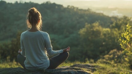 Poster - Serene woman meditating in nature surrounded by calm greenery at sunset : Generative AI