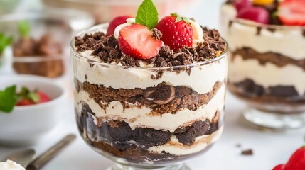 Aufkleber - Delicious Layered Dessert with Strawberries and Chocolate Crumbles in Glass Cup : Generative AI