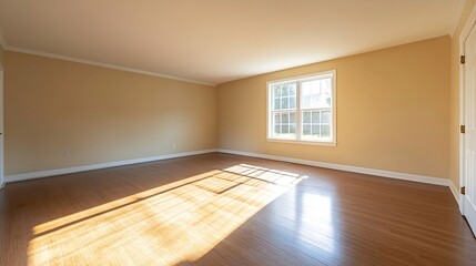Aufkleber - Sunlit empty room with wooden floors and large windows showcasing warm ambiance : Generative AI