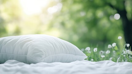 Aufkleber - Serene Pillow Resting on Soft Bedding Surrounded by Vibrant Green Nature : Generative AI