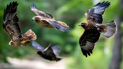 Poster - Group of Majestic Birds soars in Flight Against a Vivid Green Background : Generative AI