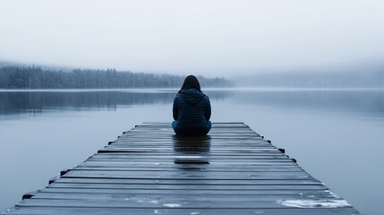 Poster - Serene Woman Sitting on Dock Overlooking Calm Lake in Misty Atmosphere : Generative AI