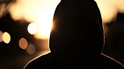 Poster - Silhouette of a Person in Hoodie against a Bright Sunset Creating a Mysterious Atmosphere : Generative AI