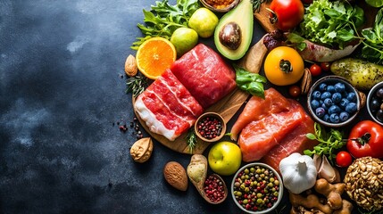 Poster - Vibrant Selection of Fresh Meat Fruits and Vegetables Displayed on a Rustic Wooden Table : Generative AI