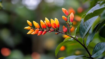 Poster - Vibrant orange and red flower cluster on a green branch in a natural setting : Generative AI