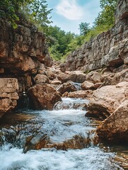 Poster - Serene Stream Flowing Through Rocky Terrain Surrounded By Lush Green Forest : Generative AI