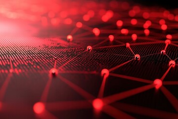 Fototapete - Network of connections illustrated through red nodes and lines depicting data processing activity, network of connections over red spots and data processing