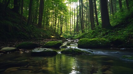 Poster - Serene Forest Stream with Lush Green Trees and Mossy Rocks Captured in Soft Natural Light : Generative AI