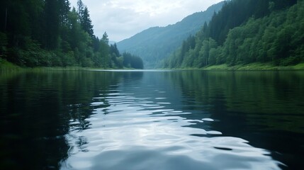 Poster - Tranquil Forest Landscape Reflected in Calm Waters Surrounded by Lush Green Trees and Mountains : Generative AI