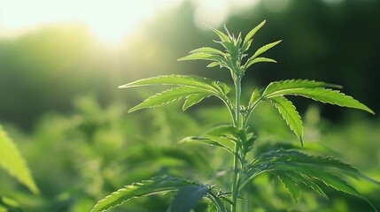 Aufkleber - Close Up of a Cannabis Plant in a Green Field Captured in Natural Light : Generative AI