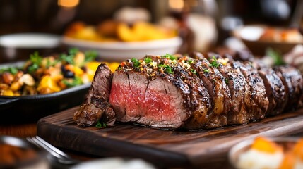 Poster - Succulent Medium Rare Beef Steak Served on Wooden Cutting Board With Garnish : Generative AI