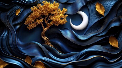 Poster - a serene landscape featuring a golden tree amidst flowing blue waves and a crescent moon