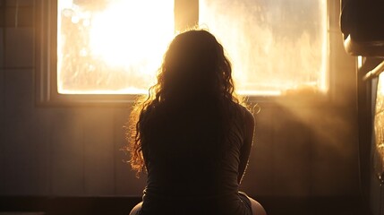 Aufkleber - Silhouette of a woman sitting in front of a sunlit window capturing a mood of reflection and warmth : Generative AI