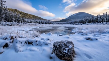Aufkleber - Serene Winter Landscape with Snowy Mountains and Frozen Lake in Scenic Wilderness : Generative AI