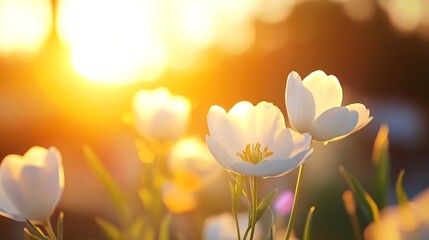Poster - Beautiful White Flowers Blooming in Warm Evening Light at Sunset in a Vibrant Garden : Generative AI