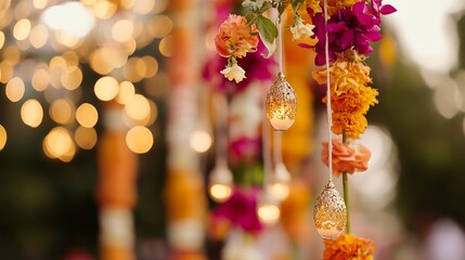 Poster - Brightly Decorated Floral Hanging Lanterns Creating a Festive Atmosphere for Celebrations : Generative AI