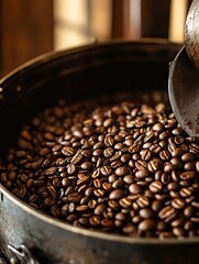 Poster - Freshly Roasted Coffee Beans in Metal Storage Container Ready for Brewing : Generative AI
