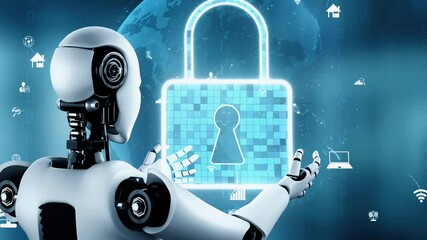 Poster - ai robot huminoid uses cloud computing technology to store data on online server . futuristic concep