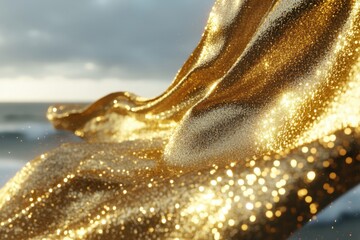 Poster - Gold sequin fabric dances in the wind near the ocean during a cloudy day at sunset, Gold sequin fabric fluttering in the wind CGI