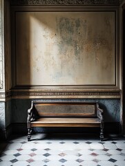 Aufkleber - Elegant Vintage Bench in a Beautifully Lit Room with Textured Walls and Soft Shadows : Generative AI