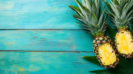 Poster - Fresh Pineapples on a Bright Blue Wooden Surface with Green Leaves : Generative AI