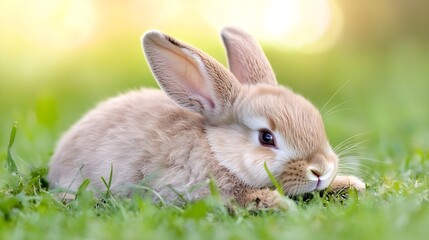 Poster - Adorable Cute Baby Bunny Relaxing on Grass in Bright Light : Generative AI