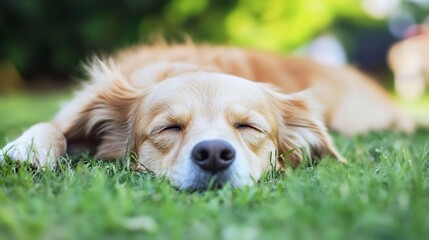 Poster - Sleeping Golden Retriever Dog Relaxing on Lush Green Grass in a Sunny Setting : Generative AI