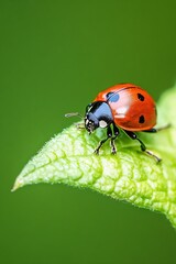 Poster - Close Up of a Vibrant Ladybug on a Green Leaf with a Blurred Background for Nature Photography : Generative AI