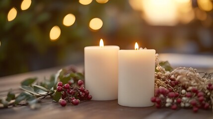 Poster - Serene White Candles Lit on Table Surrounded by Greenery and Holiday Decor : Generative AI