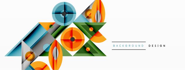 Poster - Geometric abstract composition with intersecting shapes, circles, triangles, and gradients, blending vibrant colors and dynamic contrasts to create a modern, futuristic visual design
