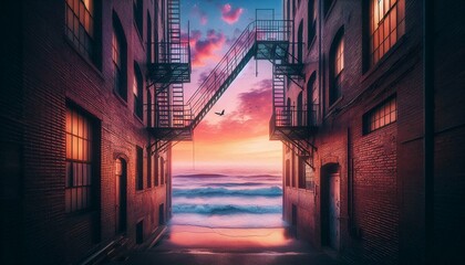 Wall Mural - Surreal Urban Escape – Alleyway Leading to a Dreamy Ocean Sunset.