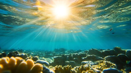 Poster - Sun rays illuminating vibrant underwater scene with colorful corals and marine life : Generative AI