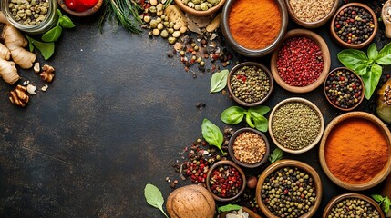 Aufkleber - Colorful Assortment of Spices in Bowls Spread Across a Dark Rustic Background : Generative AI