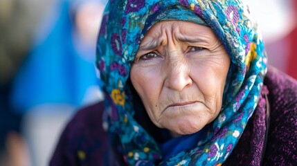 Poster - Emotional Portrait of a Mature Woman with a Headscarf Expressing Deep Sentiment : Generative AI