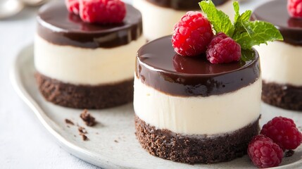Poster - Delicious Individual Chocolate Raspberry Cheesecake Dessert with Toppings and Fresh Berries : Generative AI