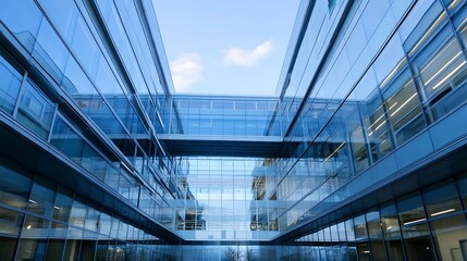 Aufkleber - Modern Corporate Architecture Featuring Glass Facade with Clear Sky Reflection : Generative AI
