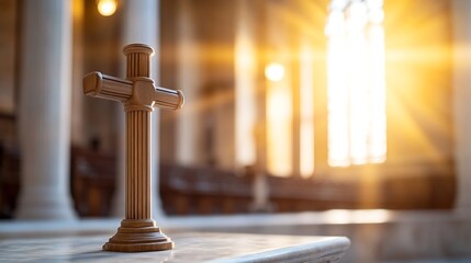 Aufkleber - Beautiful wooden cross illuminated by sunlight inside historic church : Generative AI