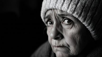 Poster - Emotional Portrait of an Older Woman with Sadness and Depth in Black and White : Generative AI