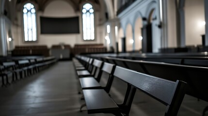 Aufkleber - Empty Church Interior Featuring Rows of Wooden Benches and Stunning Architectural Design : Generative AI