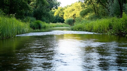 Poster - Serene River Flowing Through Lush Greenery Under Golden Light of Nature : Generative AI
