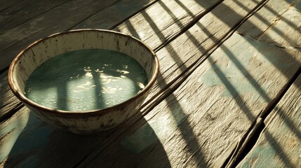 Poster - Tranquil Water Bowl Reflecting Sunlight on Rustic Wooden Surface with Shadows
