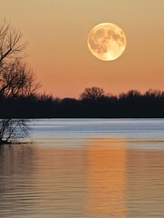 Aufkleber - Stunning Full Moon Over Calm Lake at Dusk with Reflections in Still Water : Generative AI