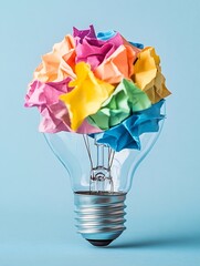 Aufkleber - Creative Colorful Crumpled Paper Flower in a Light Bulb for Innovative Ideas and Concepts : Generative AI
